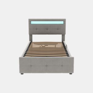 Contentor-cama 90x200 cm estofado em veludo - com LED e estrado - Cinzento