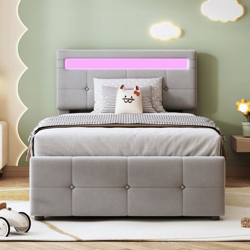 Contentor-cama 90x200 cm estofado em veludo - com LED e estrado - Cinzento