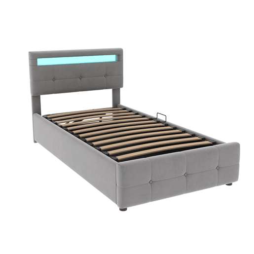 Contentor-cama 90x200 cm estofado em veludo - com LED e estrado - Cinzento