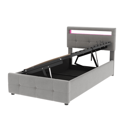 Contentor-cama 90x200 cm estofado em veludo - com LED e estrado - Cinzento