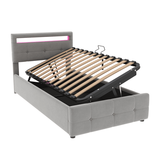 Contentor-cama 90x200 cm estofado em veludo - com LED e estrado - Cinzento