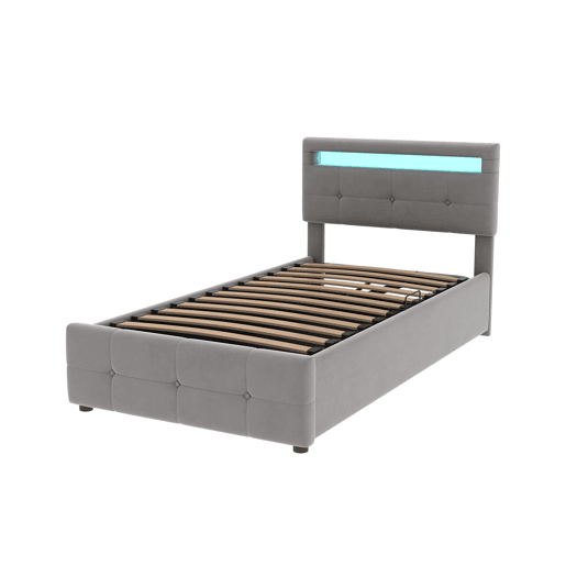 Contentor-cama 90x200 cm estofado em veludo - com LED e estrado - Cinzento
