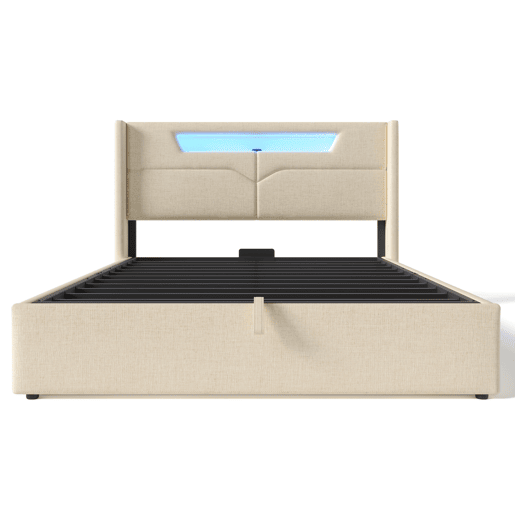 Cama estofada 140x200 - Cama de casal com função de carregamento USB Tipo C e luzes LED - Bege Cama estofada 140x200 - Cama de casal com função de carregamento USB Tipo C e luzes LED - Bege