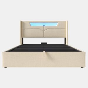 Cama estofada 140x200 - Cama de casal com função de carregamento USB Tipo C e luzes LED - Bege