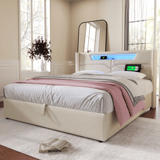 Cama estofada 140x200 - Cama de casal com função de carregamento USB Tipo C e luzes LED - Bege Cama estofada 140x200 - Cama de casal com função de carregamento USB Tipo C e luzes LED - Bege