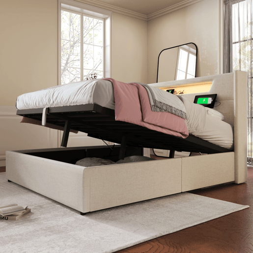 Cama estofada 140x200 - Cama de casal com função de carregamento USB Tipo C e luzes LED - Bege Cama estofada 140x200 - Cama de casal com função de carregamento USB Tipo C e luzes LED - Bege