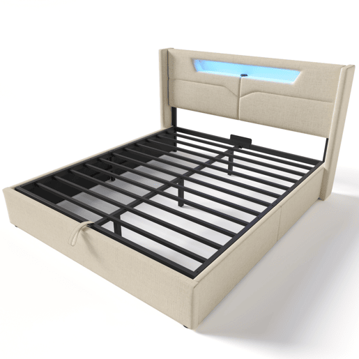 Cama estofada 140x200 - Cama de casal com função de carregamento USB Tipo C e luzes LED - Bege Cama estofada 140x200 - Cama de casal com função de carregamento USB Tipo C e luzes LED - Bege
