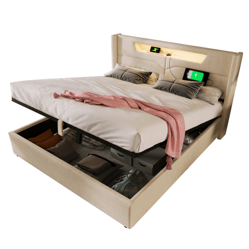 Cama estofada 140x200 - Cama de casal com função de carregamento USB Tipo C e luzes LED - Bege Cama estofada 140x200 - Cama de casal com função de carregamento USB Tipo C e luzes LED - Bege
