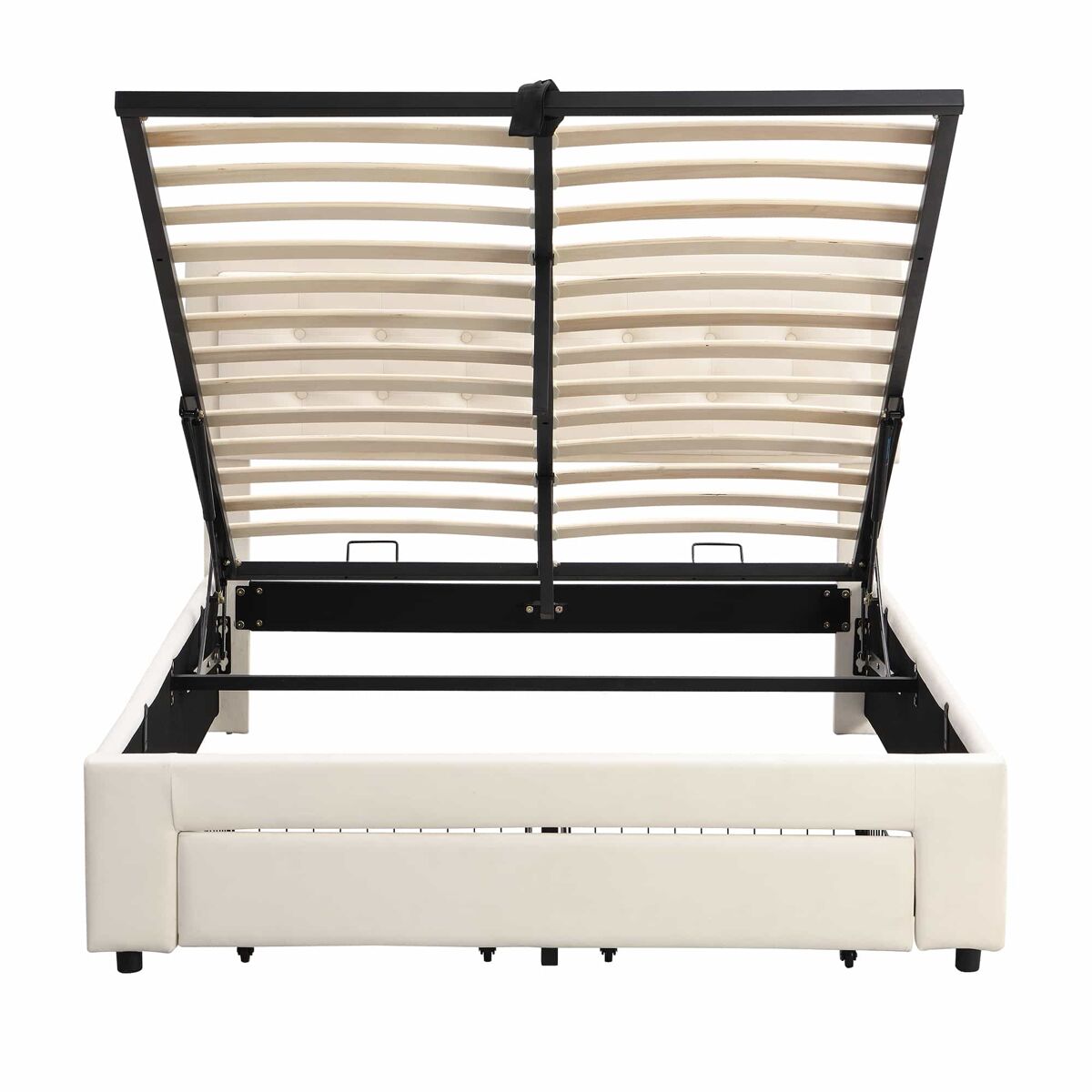Cama contenedor acolchada 140x200cm en terciopelo - con cajón y somier - beige (sin colchón)