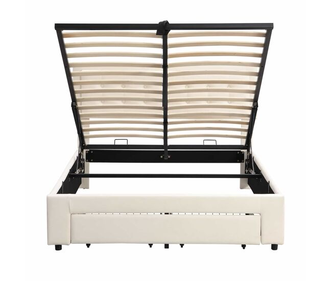Cama contenedor acolchada 140x200cm en terciopelo - con cajón y somier - beige (sin colchón)
