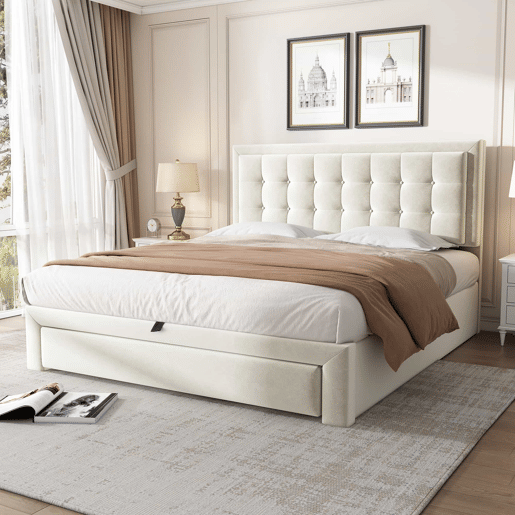 Cama contentor estofada em veludo 140x200cm - com gaveta e estrado de molas - Bege (sem colchão)