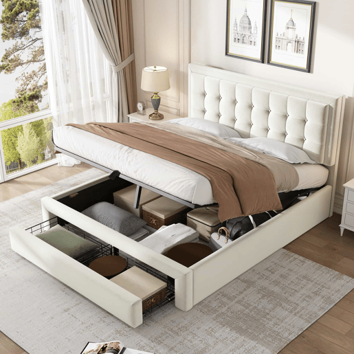 Cama contentor estofada em veludo 140x200cm - com gaveta e estrado de molas - Bege (sem colchão)