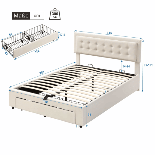Cama contentor estofada em veludo 140x200cm - com gaveta e estrado de molas - Bege (sem colchão)
