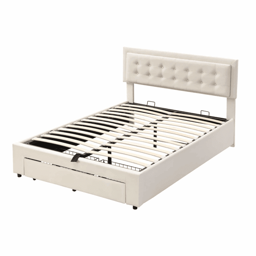 Cama contentor estofada em veludo 140x200cm - com gaveta e estrado de molas - Bege (sem colchão)