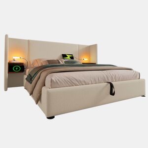 Cama contentora de linho 160x200 cm - 2 mesas de cabeceira com luz de leitura e função de carregamento - com estrado de molas - Bege