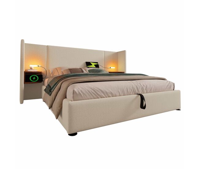 Cama contenedor de lino 160x200 cm - 2 mesitas de noche con luz de lectura y función de carga - con somier - beige