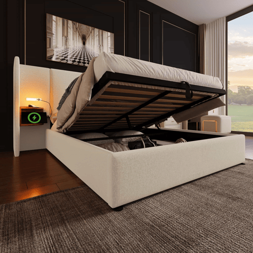 Cama contentora de linho 160x200 cm - 2 mesas de cabeceira com luz de leitura e função de carregamento - com estrado de molas - Bege