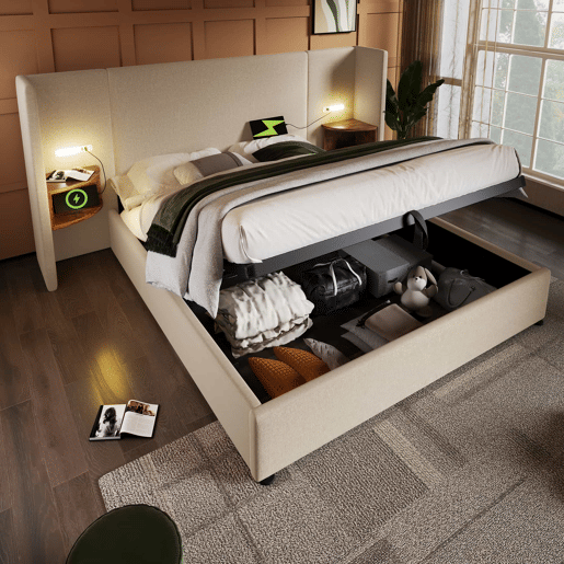 Cama contentora de linho 160x200 cm - 2 mesas de cabeceira com luz de leitura e função de carregamento - com estrado de molas - Bege