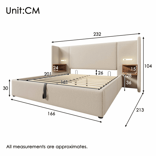 Cama contentora de linho 160x200 cm - 2 mesas de cabeceira com luz de leitura e função de carregamento - com estrado de molas - Bege