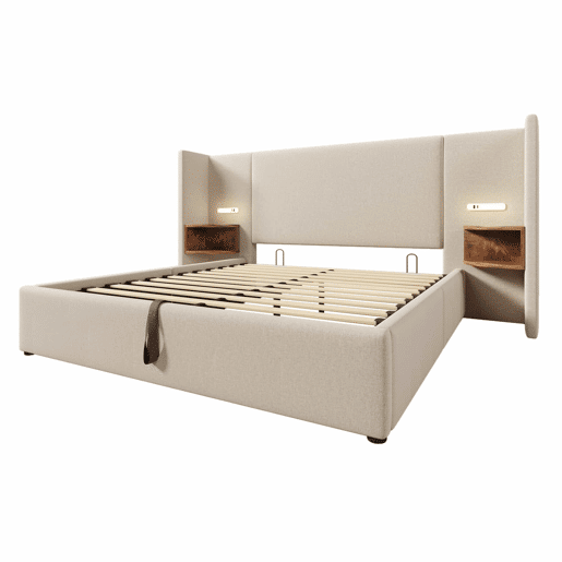 Cama contentora de linho 160x200 cm - 2 mesas de cabeceira com luz de leitura e função de carregamento - com estrado de molas - Bege