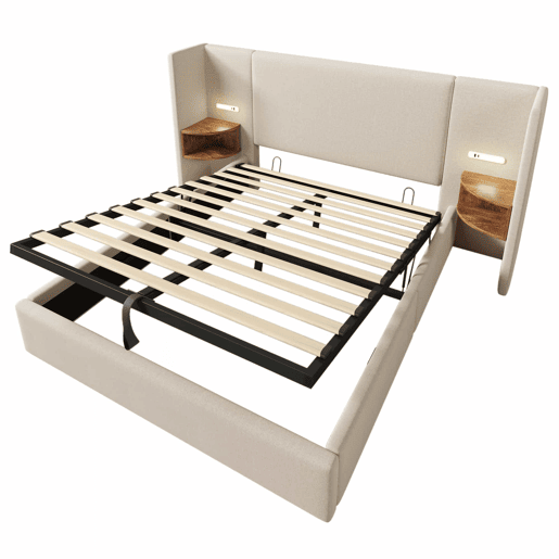 Cama contentora de linho 160x200 cm - 2 mesas de cabeceira com luz de leitura e função de carregamento - com estrado de molas - Bege