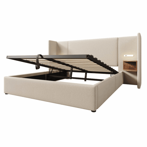 Cama contentora de linho 160x200 cm - 2 mesas de cabeceira com luz de leitura e função de carregamento - com estrado de molas - Bege