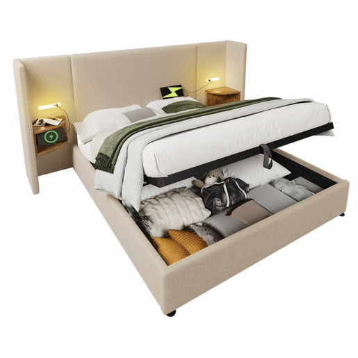 Cama contentora de linho 160x200 cm - 2 mesas de cabeceira com luz de leitura e função de carregamento - com estrado de molas - Bege