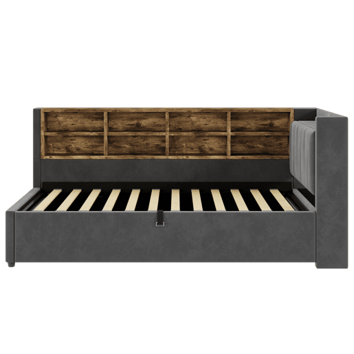 Sofá-cama 90x200 cm - Com armazenamento hidráulico, luz noturna, portas USB e Tipo-C, prateleiras e compartimentos, cabeceira acolchoada, multifuncional, tecido de veludo - Cinza escuro Sofá-cama 90x200 cm - Com armazenamento hidráulico, luz noturna, portas USB e Tipo-C, prateleiras e compartimentos, cabeceira acolchoada, multifuncional, tecido de veludo - Cinza escuro
