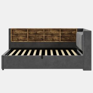 Sofá-cama 90x200 cm - Com armazenamento hidráulico, luz noturna, portas USB e Tipo-C, prateleiras e compartimentos, cabeceira acolchoada, multifuncional, tecido de veludo - Cinza escuro