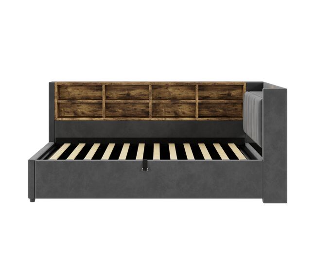 Sofá cama 90x200 cm - con almacenamiento hidráulico, luz nocturna, puertos usb y tipo-c, estantes y compartimentos, cabecero acolchado, multifuncional