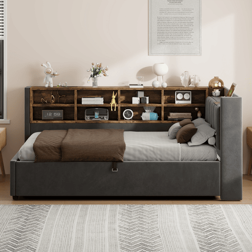 Sofá-cama 90x200 cm - Com armazenamento hidráulico, luz noturna, portas USB e Tipo-C, prateleiras e compartimentos, cabeceira acolchoada, multifuncional, tecido de veludo - Cinza escuro Sofá-cama 90x200 cm - Com armazenamento hidráulico, luz noturna, portas USB e Tipo-C, prateleiras e compartimentos, cabeceira acolchoada, multifuncional, tecido de veludo - Cinza escuro