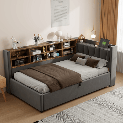 Sofá-cama 90x200 cm - Com armazenamento hidráulico, luz noturna, portas USB e Tipo-C, prateleiras e compartimentos, cabeceira acolchoada, multifuncional, tecido de veludo - Cinza escuro Sofá-cama 90x200 cm - Com armazenamento hidráulico, luz noturna, portas USB e Tipo-C, prateleiras e compartimentos, cabeceira acolchoada, multifuncional, tecido de veludo - Cinza escuro