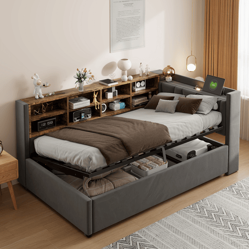 Sofá-cama 90x200 cm - Com armazenamento hidráulico, luz noturna, portas USB e Tipo-C, prateleiras e compartimentos, cabeceira acolchoada, multifuncional, tecido de veludo - Cinza escuro Sofá-cama 90x200 cm - Com armazenamento hidráulico, luz noturna, portas USB e Tipo-C, prateleiras e compartimentos, cabeceira acolchoada, multifuncional, tecido de veludo - Cinza escuro