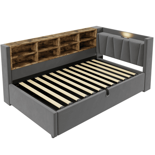 Sofá-cama 90x200 cm - Com armazenamento hidráulico, luz noturna, portas USB e Tipo-C, prateleiras e compartimentos, cabeceira acolchoada, multifuncional, tecido de veludo - Cinza escuro Sofá-cama 90x200 cm - Com armazenamento hidráulico, luz noturna, portas USB e Tipo-C, prateleiras e compartimentos, cabeceira acolchoada, multifuncional, tecido de veludo - Cinza escuro