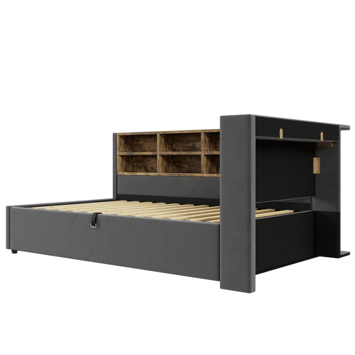 Sofá-cama 90x200 cm - Com armazenamento hidráulico, luz noturna, portas USB e Tipo-C, prateleiras e compartimentos, cabeceira acolchoada, multifuncional, tecido de veludo - Cinza escuro Sofá-cama 90x200 cm - Com armazenamento hidráulico, luz noturna, portas USB e Tipo-C, prateleiras e compartimentos, cabeceira acolchoada, multifuncional, tecido de veludo - Cinza escuro