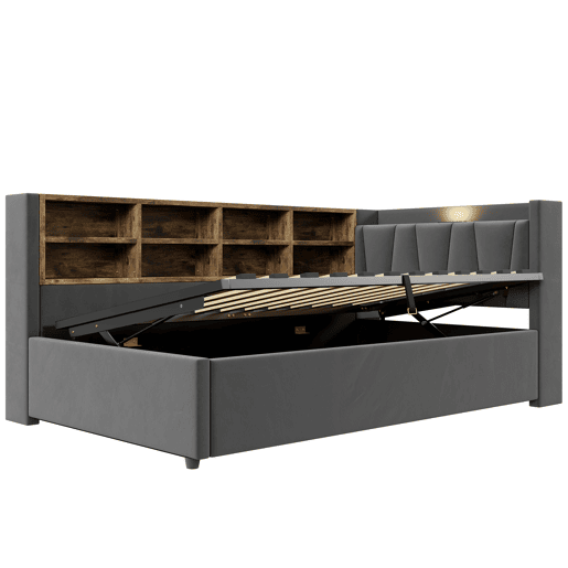 Sofá-cama 90x200 cm - Com armazenamento hidráulico, luz noturna, portas USB e Tipo-C, prateleiras e compartimentos, cabeceira acolchoada, multifuncional, tecido de veludo - Cinza escuro Sofá-cama 90x200 cm - Com armazenamento hidráulico, luz noturna, portas USB e Tipo-C, prateleiras e compartimentos, cabeceira acolchoada, multifuncional, tecido de veludo - Cinza escuro