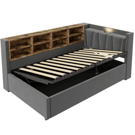 Sofá-cama 90x200 cm - Com armazenamento hidráulico, luz noturna, portas USB e Tipo-C, prateleiras e compartimentos, cabeceira acolchoada, multifuncional, tecido de veludo - Cinza escuro Sofá-cama 90x200 cm - Com armazenamento hidráulico, luz noturna, portas USB e Tipo-C, prateleiras e compartimentos, cabeceira acolchoada, multifuncional, tecido de veludo - Cinza escuro