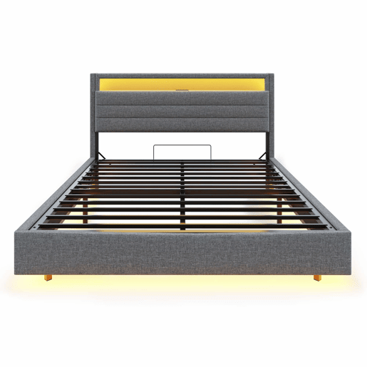 Cama contentora estofada em linho 160x200 cm - com tomada USB e LED - Cinzento Cama contentora estofada em linho 160x200 cm - com tomada USB e LED - Cinzento