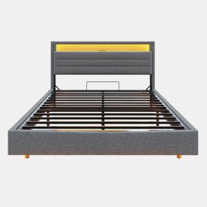 Cama contentora estofada em linho 160x200 cm - com tomada USB e LED - Cinzento