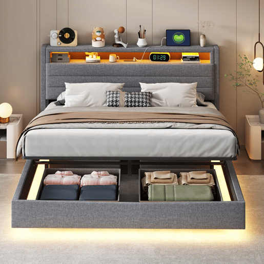 Cama contentora estofada em linho 160x200 cm - com tomada USB e LED - Cinzento Cama contentora estofada em linho 160x200 cm - com tomada USB e LED - Cinzento