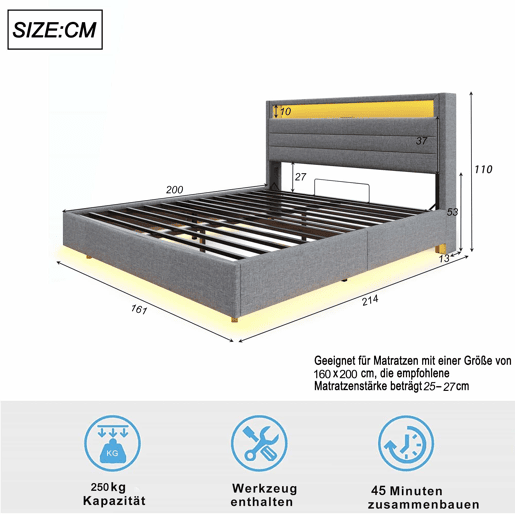 Cama contentora estofada em linho 160x200 cm - com tomada USB e LED - Cinzento Cama contentora estofada em linho 160x200 cm - com tomada USB e LED - Cinzento