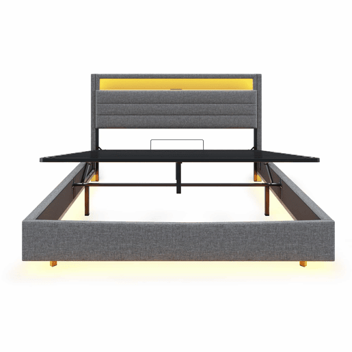Cama contentora estofada em linho 160x200 cm - com tomada USB e LED - Cinzento Cama contentora estofada em linho 160x200 cm - com tomada USB e LED - Cinzento