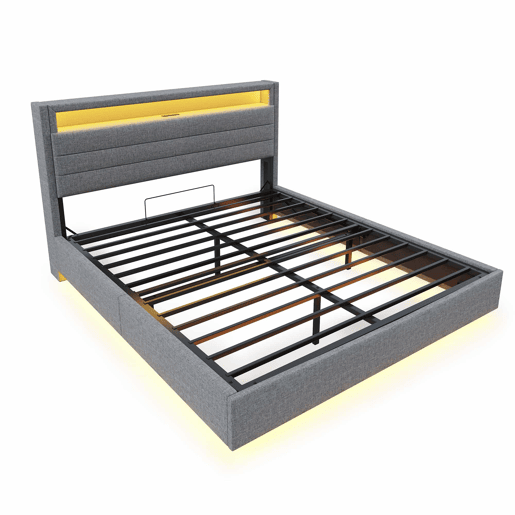 Cama contentora estofada em linho 160x200 cm - com tomada USB e LED - Cinzento Cama contentora estofada em linho 160x200 cm - com tomada USB e LED - Cinzento