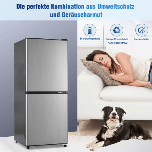 Mini-frigorífico 106 L - 60 L frigorífico + 46 L congelador, 7 níveis de temperatura, porta prateada + corpo preto, iluminação LED, prateleiras ajustáveis - Preto+Prateado