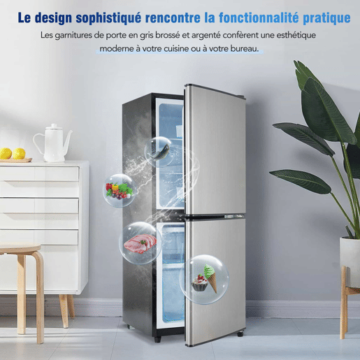 Mini-frigorífico 106 L - 60 L frigorífico + 46 L congelador, 7 níveis de temperatura, porta prateada + corpo preto, iluminação LED, prateleiras ajustáveis - Preto+Prateado
