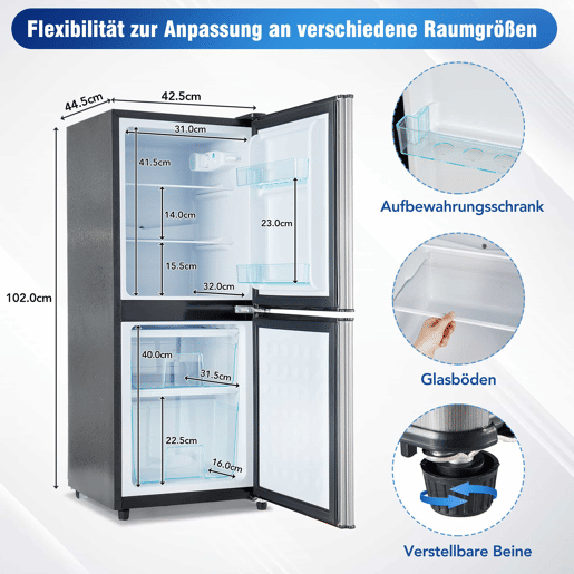 Mini-frigorífico 106 L - 60 L frigorífico + 46 L congelador, 7 níveis de temperatura, porta prateada + corpo preto, iluminação LED, prateleiras ajustáveis - Preto+Prateado
