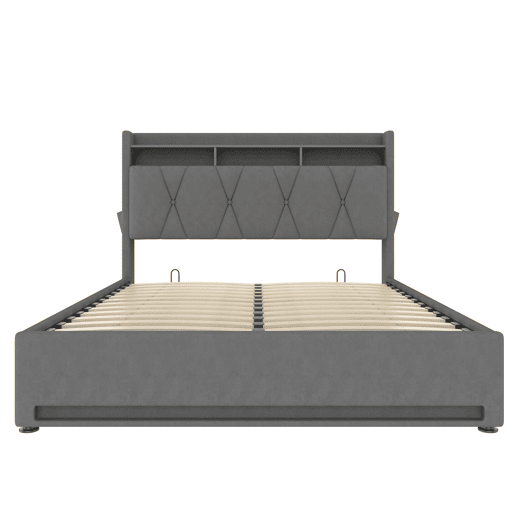 Estrutura da cama 160x200 cm - Com iluminação LED, função de carregamento USB Tipo C, arrumação debaixo da cama, cabeceira com arrumação, estrutura da cama hidráulica - Cinza