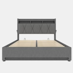 Estrutura da cama 160x200 cm - Com iluminação LED, função de carregamento USB Tipo C, arrumação debaixo da cama, cabeceira com arrumação, estrutura da cama hidráulica - Cinza
