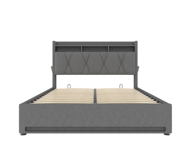 Estructura de cama 160x200 cm - con iluminación led, función de carga usb type-c, almacenamiento bajo la cama, cabecero con almacenamiento, marco de