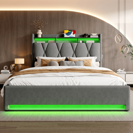 Estrutura da cama 160x200 cm - Com iluminação LED, função de carregamento USB Tipo C, arrumação debaixo da cama, cabeceira com arrumação, estrutura da cama hidráulica - Cinza